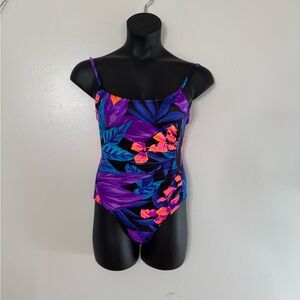 Tropical 80s Purple Swimsuit One Piece Low Back Ruched Flattering Bathing Suit M